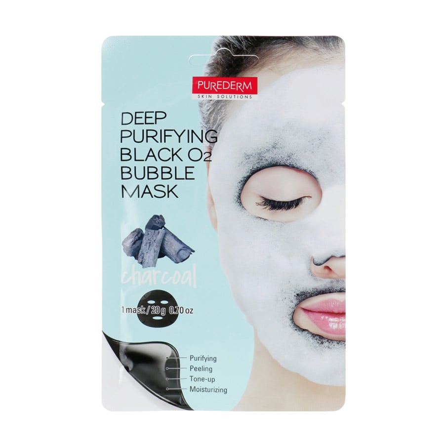 Глибоко очищувальна бульбашкова тканинна маска для обличчя Purederm Deep Purifying Black O2 Bubble Mask Charcoal з вугіллям, 20 г